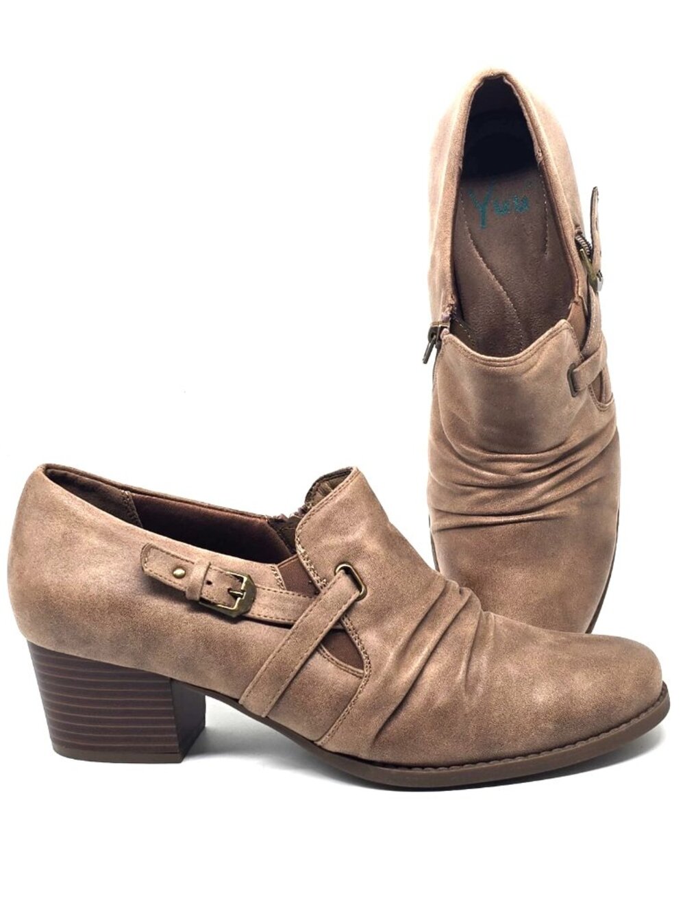 YUU Razzy Zip-up Tan Block Heel Ankle Booties Shoes Women's Size 11 M